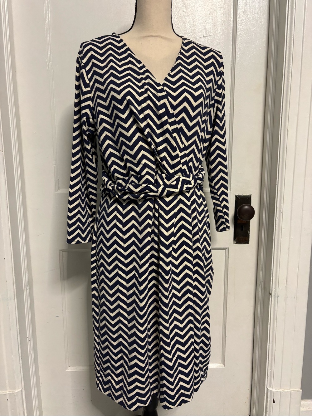 Talbots Navy and White Chevron Wrap Dress